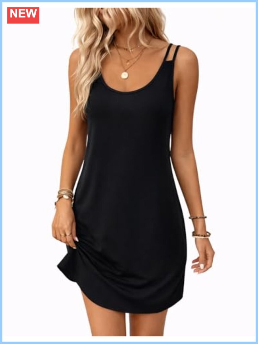 Women Sleeveless Scoop Neck Swing Dress Double Spaghetti Straps Summer